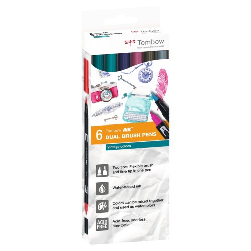 10168-ESTUCHE 6 ROTULADORES DOBLE PUNTA PINCEL. COLORES VINTAGE DUAL BRUSH (CAJA CARTON) TOMBOW ABT-6C-5