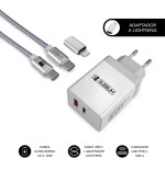 10963-SUBBLIM CARGADOR ULTRA RAPIDO 2xUSB DE PARED PD25W+QC3.0+Cable C to C y lightning Blanco