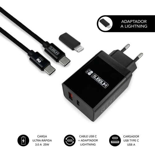 10965-SUBBLIM CARGADOR ULTRA RAPIDO 2xUSB DE PARED PD25W+QC3.0+Cable C to C y lightning Negro