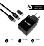 10965-SUBBLIM CARGADOR ULTRA RAPIDO 2xUSB DE PARED PD25W+QC3.0+Cable C to C y lightning Negro