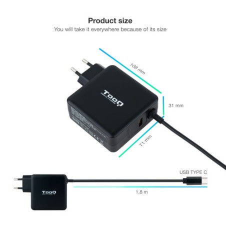 11231-TOOQ CARGADOR PORTATIL USB-C PD3.0 65W, NEGRO