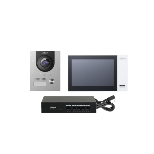 (DHI-KTP01L(S) )DAHUA KIT DE VIDEOPORTERO IP COMPUESTO POR 1X VIDEOPORTERO DHI-VTO2201F-P 1X MONITOR (VTH2421FW-P) 1X SWITCH DH-