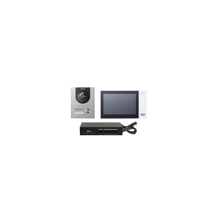 (DHI-KTP01L(S) )DAHUA KIT DE VIDEOPORTERO IP COMPUESTO POR 1X VIDEOPORTERO DHI-VTO2201F-P 1X MONITOR (VTH2421FW-P) 1X SWITCH DH-