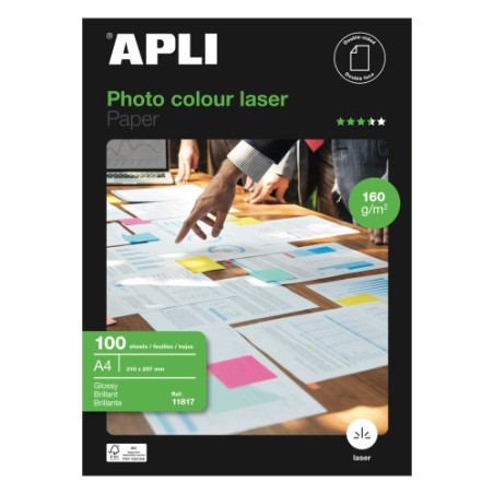 11856-PAQUETE 100 HOJAS PAPEL FOTO COLOUR LASER A4 160G. APLI 11817