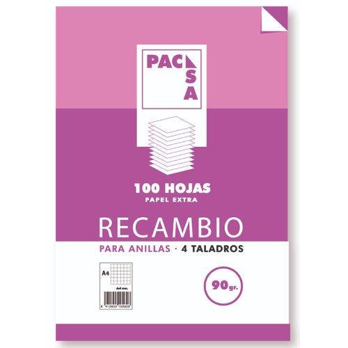 1235-RECAMBIO 90 GRS . 4 TALADROS FOLIO (215X310MM.) 100 HOJAS CUADRICULA 4X4 CON MARGEN PACSA 21261