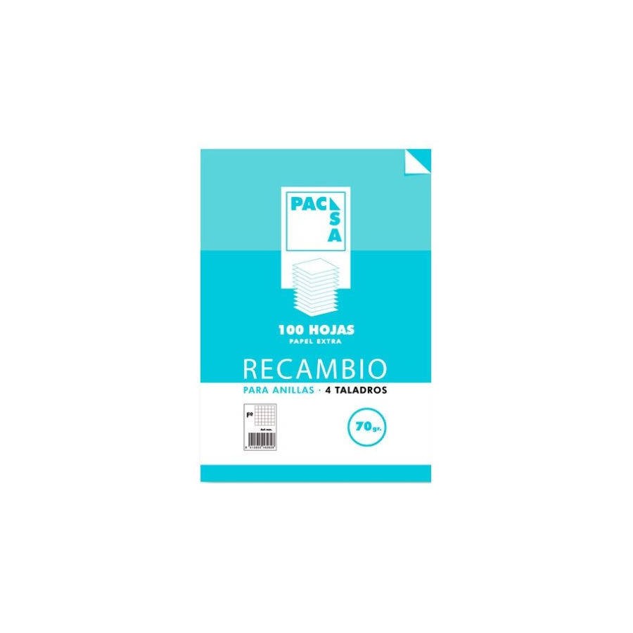1236-RECAMBIO 70 GRS. 4 TALADROS FOLIO (215X310MM.) 100 HOJAS CUADRICULA 4X4 CON MARGEN PACSA 21211
