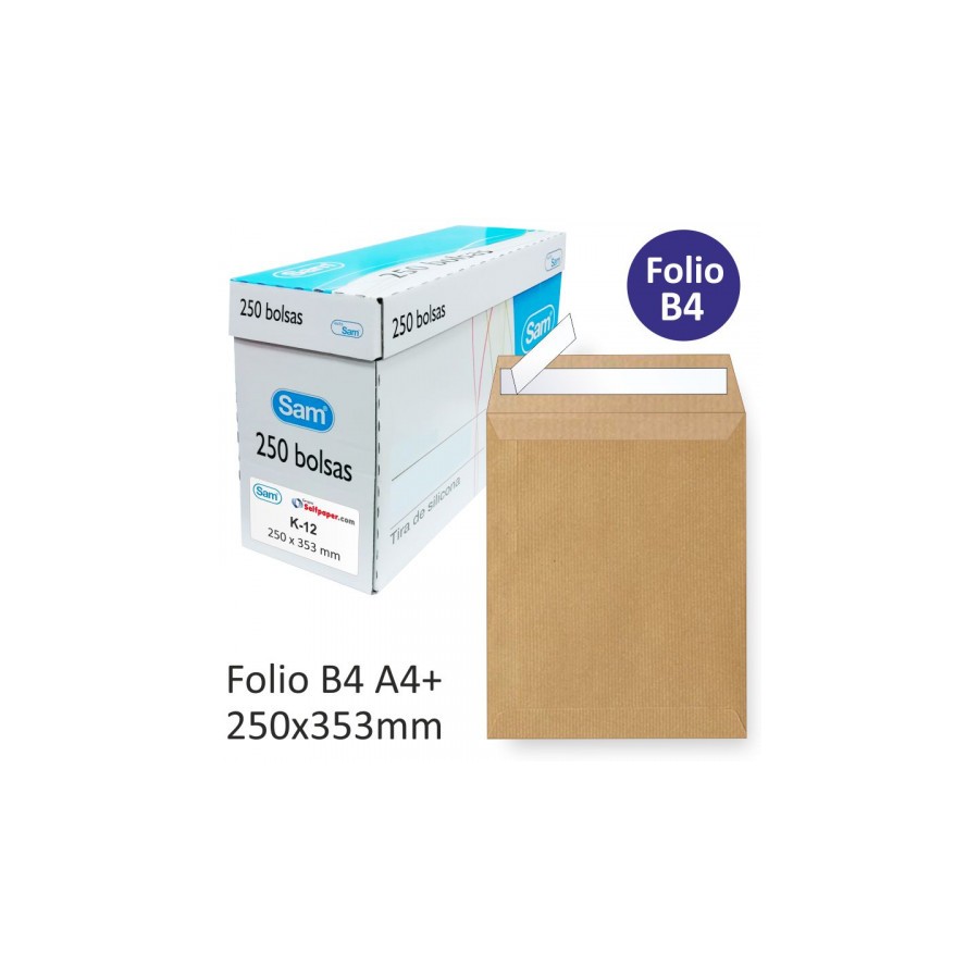 1263-CAJA 250 BOLSAS DIN B4 FOLIO (250X353) KRAFT 90 GRS. AUTOSAM AUTOADHESIVO CON TIRA DE SILICONA SAM 145607