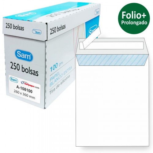 1268-CAJA 250 BOLSAS FOLIO PROLONGADO (260X360) OFFSET BLANCO 100 GRS. OPENSAM AUTOADHESIVO CON TIRA DE SILICONA SAM 149