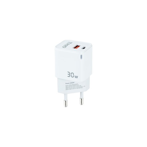 12714-TooQ Cargador de Pared GaN USB-C/PD + USB-A/QC 30W, Blanco