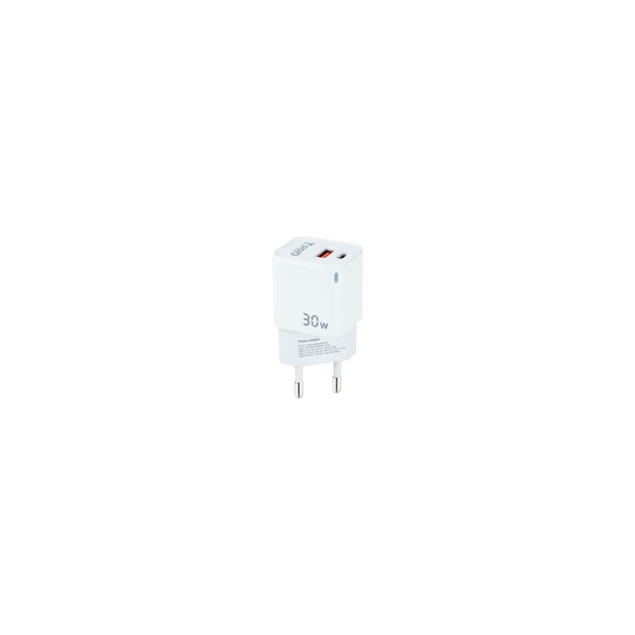 12714-TooQ Cargador de Pared GaN USB-C/PD + USB-A/QC 30W, Blanco