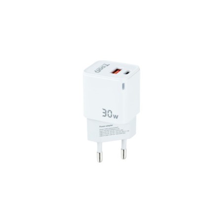 12714-TooQ Cargador de Pared GaN USB-C/PD + USB-A/QC 30W, Blanco