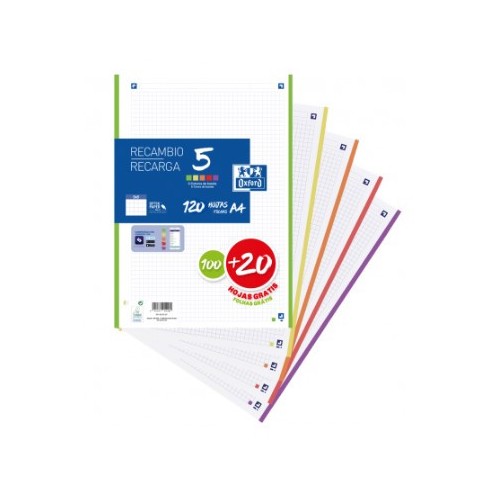 13015-RECAMBIO A4 100+20 HOJAS 90GRS 5X5 BANDA 5 COLORES VIVOS OXFORD 400148310