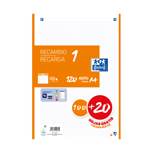 13018-RECAMBIO COLOR 1 A4 100+20 HOJAS 5X5 NARANJA 90GRS OXFORD 400158163