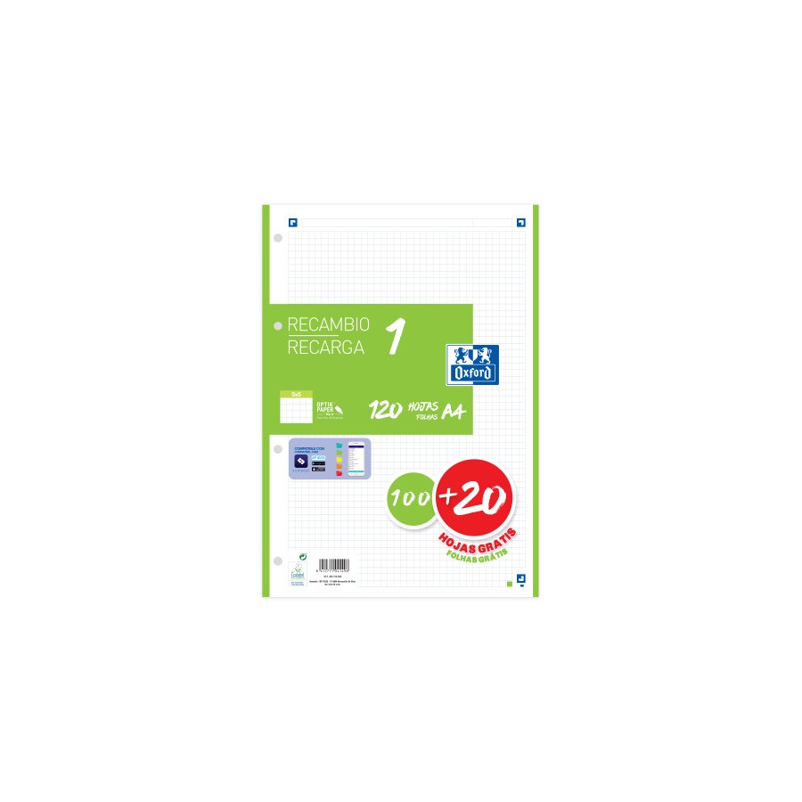 13023-RECAMBIO COLOR 1 A4  100+20 HOJAS 5X5 VERDE 90GRS OXFORD 400158059