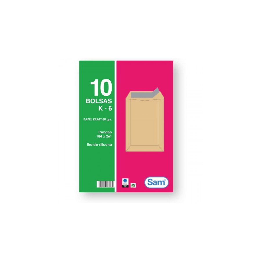 1312-PAQUETES DE 10 BOLSAS KRAFT, CON TIRA DE SILICONA TAMANO 184X261 80 GRS. SAM 665099