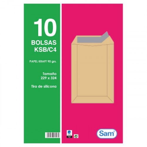 1313-PAQUETES DE 10 BOLSAS KRAFT, CON TIRA DE SILICONA TAMANO 229X324 90 GRS. SAM 665100
