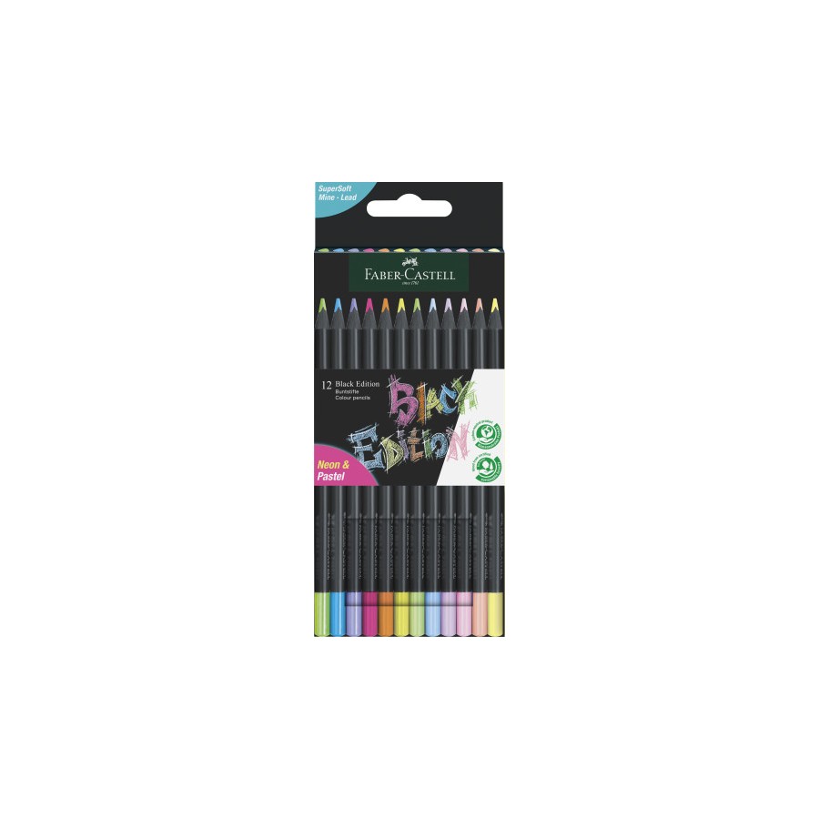 13150-ESTUCHE CARTON 12 LAPICES DE COLOR NEON BLACK EDITION FABER CASTELL 116410