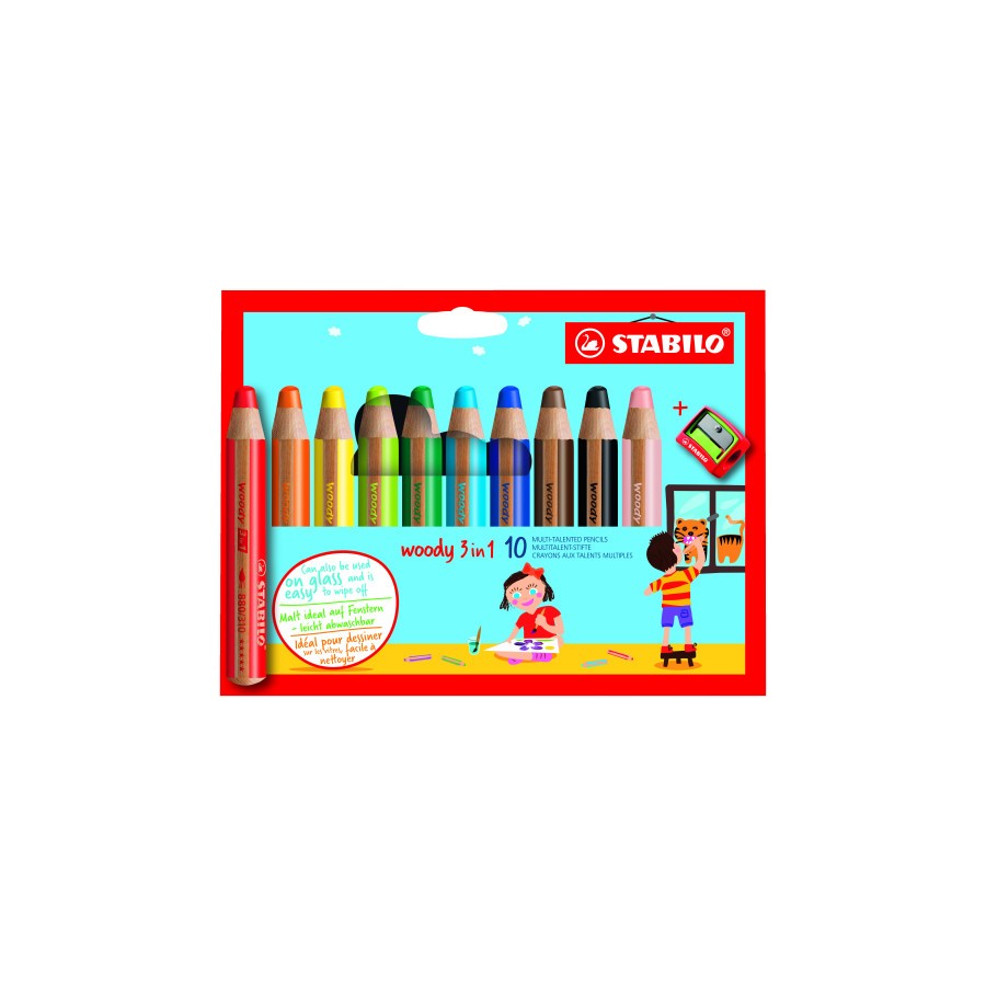 13172-ESTUCHE 10 LAPICES + SACAPUNTAS WOODY 3 COLORES EN 1 STABILO