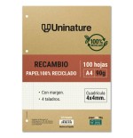 14574-RECAMBIO RECICLADO A4 100 HOJAS 90GR CUADRICULA 4X4 MM CON TALADROS UNINATURE 53392700