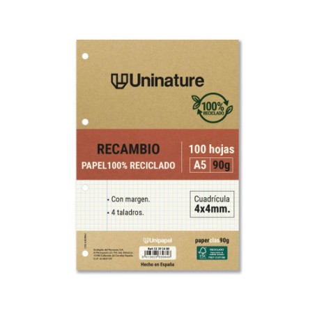 14575-RECAMBIO RECICLADO A5 100 HOJAS 90GR CUADRICULA 4X4 MM CON TALADROS UNINATURE 53393400