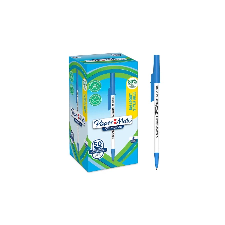 14822-CAJA 50 BOLIGRAFOS PAPER MATE KILOMETRICO PUNTA MEDIANA (1,0MM) TINTA AZUL 80% PLASTICO RECICLADO PAPER MATE 21877