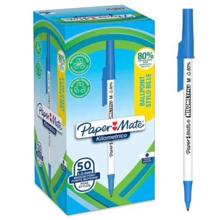 14822-CAJA 50 BOLIGRAFOS PAPER MATE KILOMETRICO PUNTA MEDIANA (1,0MM) TINTA AZUL 80% PLASTICO RECICLADO PAPER MATE 21877