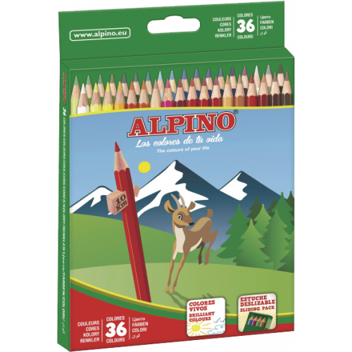 1519-ESTUCHE CARTON 36 UNIDADES LAPICES HEXAGONALES ALTA CALIDAD 3MM. COLORES SURTIDOS ALPINO AL010600