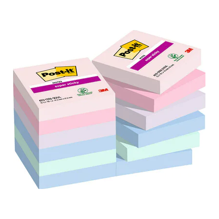 PACK 12 BLOCS 90 HOJAS NOTAS ADHESIVAS 47,6X47,6MM SUPER STICKY COLECCION SOULFUL CAJA CARTON 622-12SS-SOUL POST-IT 7100290159