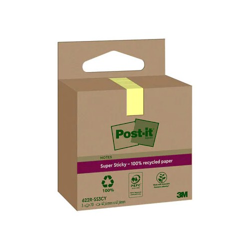 15523-PACK 3 BLOCS 70 HOJAS NOTAS RECICLADAS ADHESIVAS 47,6X47,6MM SUPER STICKY AMARILLO PASTEL CAJA CARTON 622 RSS3CY P