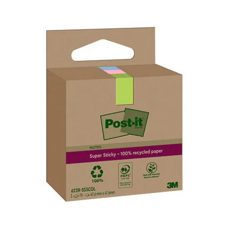 15524-PACK 3 BLOCS 70 HOJAS NOTAS RECICLADAS ADHESIVAS 47,6X47,6MM SUPER STICKY COLORES SURTIDOS CAJA CARTON 622 RSS3COL