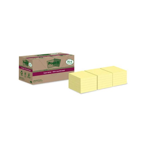 15540-PACK 14+4 BLOCS 90 HOJAS NOTAS RECICLADAS ADHESIVAS 76X76MM SUPER STICKY AMARILLO PASTEL 654 RSSCY14+4 POST-IT 710
