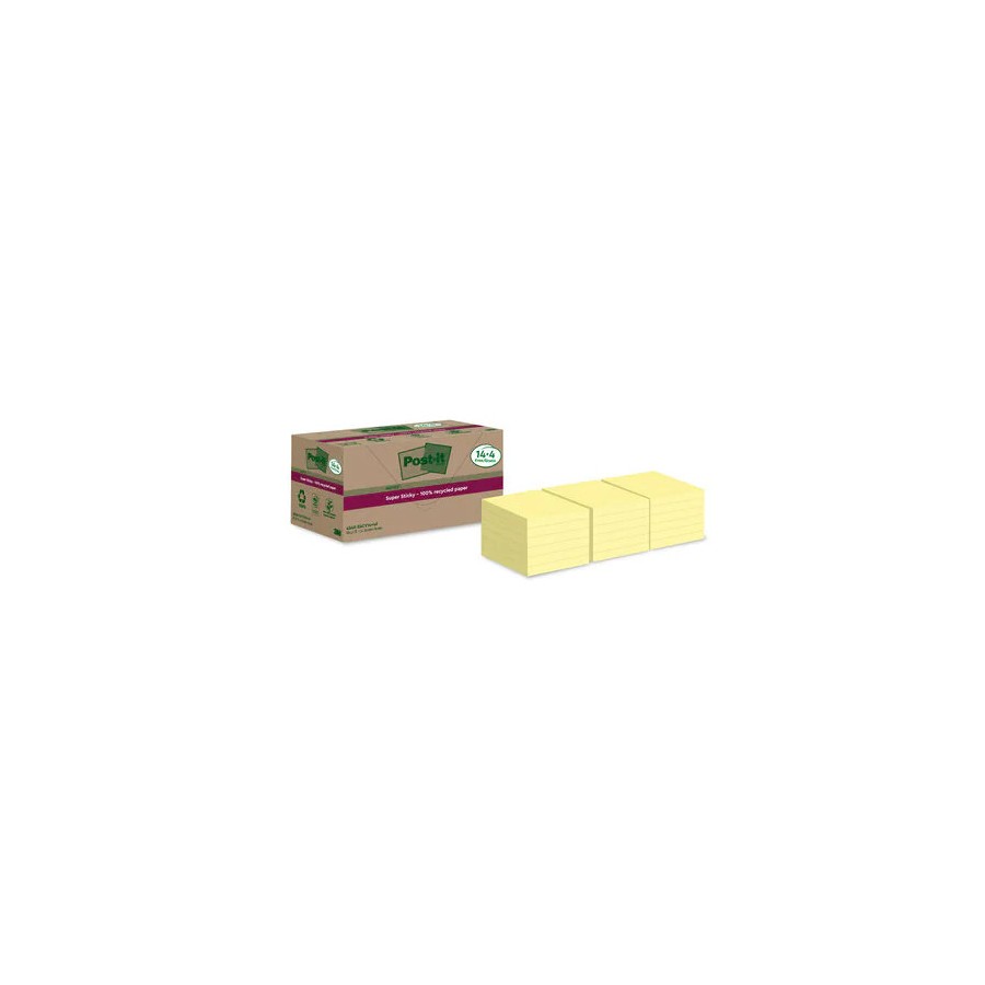 15540-PACK 14+4 BLOCS 90 HOJAS NOTAS RECICLADAS ADHESIVAS 76X76MM SUPER STICKY AMARILLO PASTEL 654 RSSCY14+4 POST-IT 710