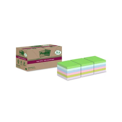 15542-PACK 14+4 BLOCS 90 HOJAS NOTAS RECICLADAS ADHESIVAS 76X76MM SUPER STICKY COLORES SURTIDOS 654 RSSCOL14+4 POST-IT 7