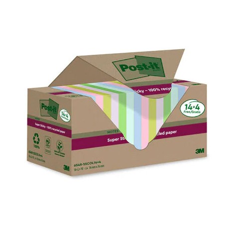 15543-PACK 14+4 BLOCS 90 HOJAS NOTAS RECICLADAS ADHESIVAS 76X76MM SUPER STICKY COLORES SURTIDOS 654 RSSCOL14+4 POST-IT 7