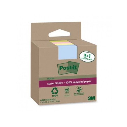 15545-PACK 3+1 BLOCS 90 HOJAS NOTAS RECICLADAS ADHESIVAS 76X76MM SUPER STICKY COLORES SURTIDOS 654 RSSCOL3+1 POST-IT 710