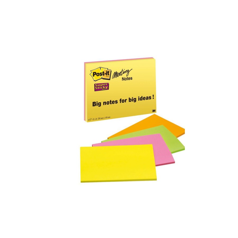 15586-PACK 4 BLOCS 45 HOJAS NOTAS GRANDES ADHESIVAS 203X152MM SUPER STICKY COLORES SURTIDOS NEON 6845-SSP POST-IT 710023