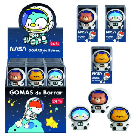 17287-EXPOSITOR CON 24 GOMAS DE BORRAR ASTRONAUTAS-ANIMALES - NASA DOHE 79648
