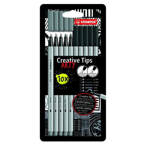 17349-ESTUCHE ROTULADORES CREATIVE TIPS ARTY CON 10 ROTULADORES (5 PUNTAS DIFERENTES) EN COLOR NEGRO Y GRIS STABILO 89/1