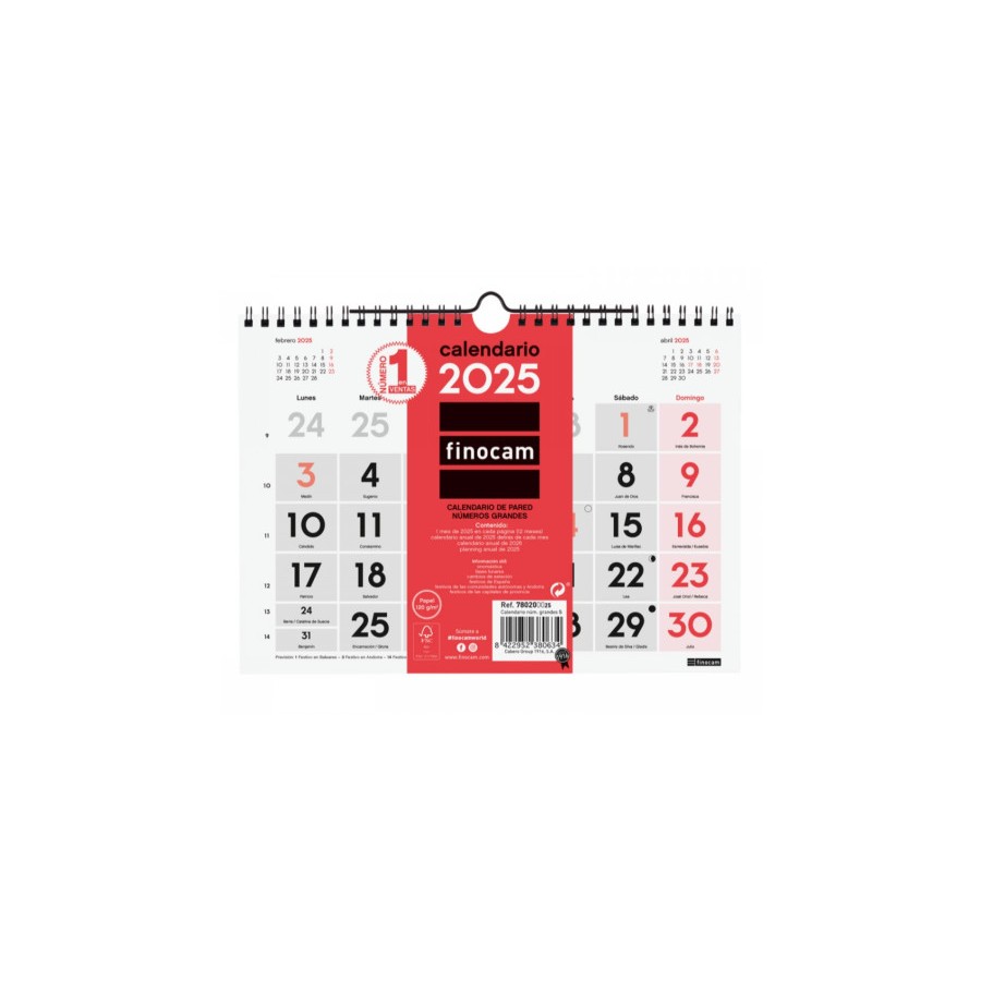 CALENDARIO 2025 NEUTRO PARED NUMEROS GRANDES S 210X150MM FINOCAM 780200025