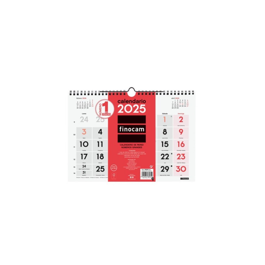 CALENDARIO 2025 NEUTRO PARED NUMEROS GRANDES M 300X210MM FINOCAM 780000025
