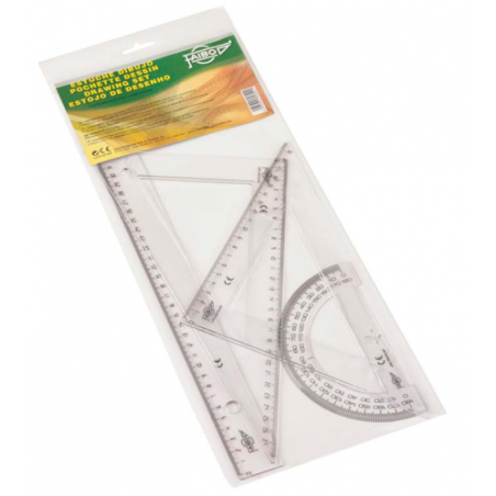 1862-ESTUCHE CON REGLA / ESCUADRA / CARTABON Y SEMICIRCULO 30 CM. PLASTICO FAIBO 806