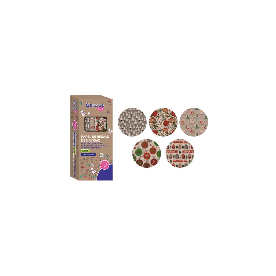 19390-PAPEL DE REGALO KRAFT NAVIDAD 70X200 BISMARK 331823