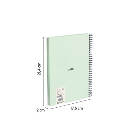 CUADERNO A5 CON ESPIRAL Y TAPA DURA, 80 HOJAS BLANCAS DE 95 GR/M, COLECCION 430 SINCE 1918, VERDE MILAN 57151E80GR