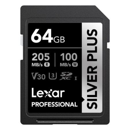 LEXAR 64GB PROFESSIONAL SILVER PLUS SDXC UHS-I CARDS,  UP TO 205MB/S READ 100MB/S WRITE C10 V30 U3