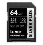 LEXAR 64GB PROFESSIONAL SILVER PLUS SDXC UHS-I CARDS,  UP TO 205MB/S READ 100MB/S WRITE C10 V30 U3