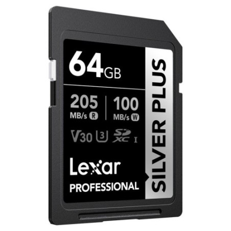 LEXAR 64GB PROFESSIONAL SILVER PLUS SDXC UHS-I CARDS,  UP TO 205MB/S READ 100MB/S WRITE C10 V30 U3