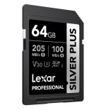 LEXAR 64GB PROFESSIONAL SILVER PLUS SDXC UHS-I CARDS,  UP TO 205MB/S READ 100MB/S WRITE C10 V30 U3
