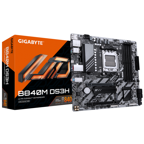 20510-GIGABYTE B840M DS3H Placa base - Procesadores AMD Ryzen 9000, VRM de 8+2+2 fases, hasta 8200 MHz DDR5, 2xPCIe 4.0