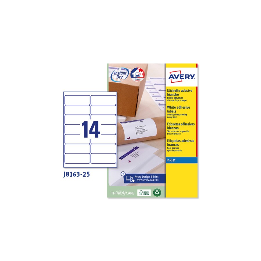 2260-PAQUETE 25 HOJAS ETIQUETAS BLANCAS QUICK DRY-IMPRESORAS DE INYECCION DE TINTA-99,1X38,1 MM AVERY J8163-25