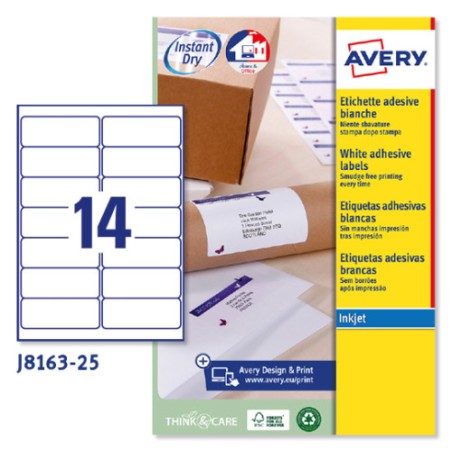 2260-PAQUETE 25 HOJAS ETIQUETAS BLANCAS QUICK DRY-IMPRESORAS DE INYECCION DE TINTA-99,1X38,1 MM AVERY J8163-25